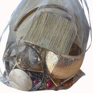 Chunky Gold Tone Jewelry Mystery Lot Cuffs Collars Bangles Brooches Necklaces